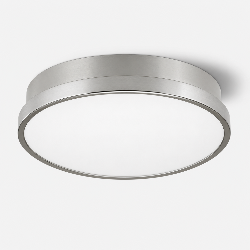 Modern round ceiling lamp with matte white shade and brushed metal trim