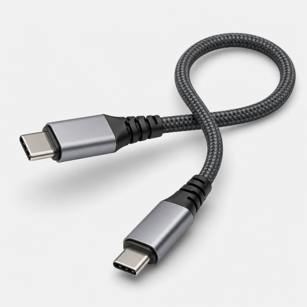 Braided USB-C charging cable in graphite color with metallic tips