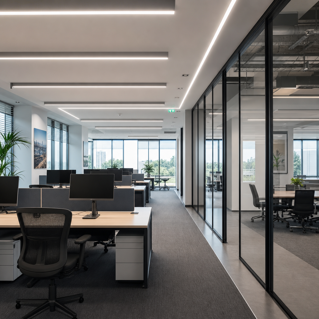 Contemporary office interior with linear LED lighting and modern workstations