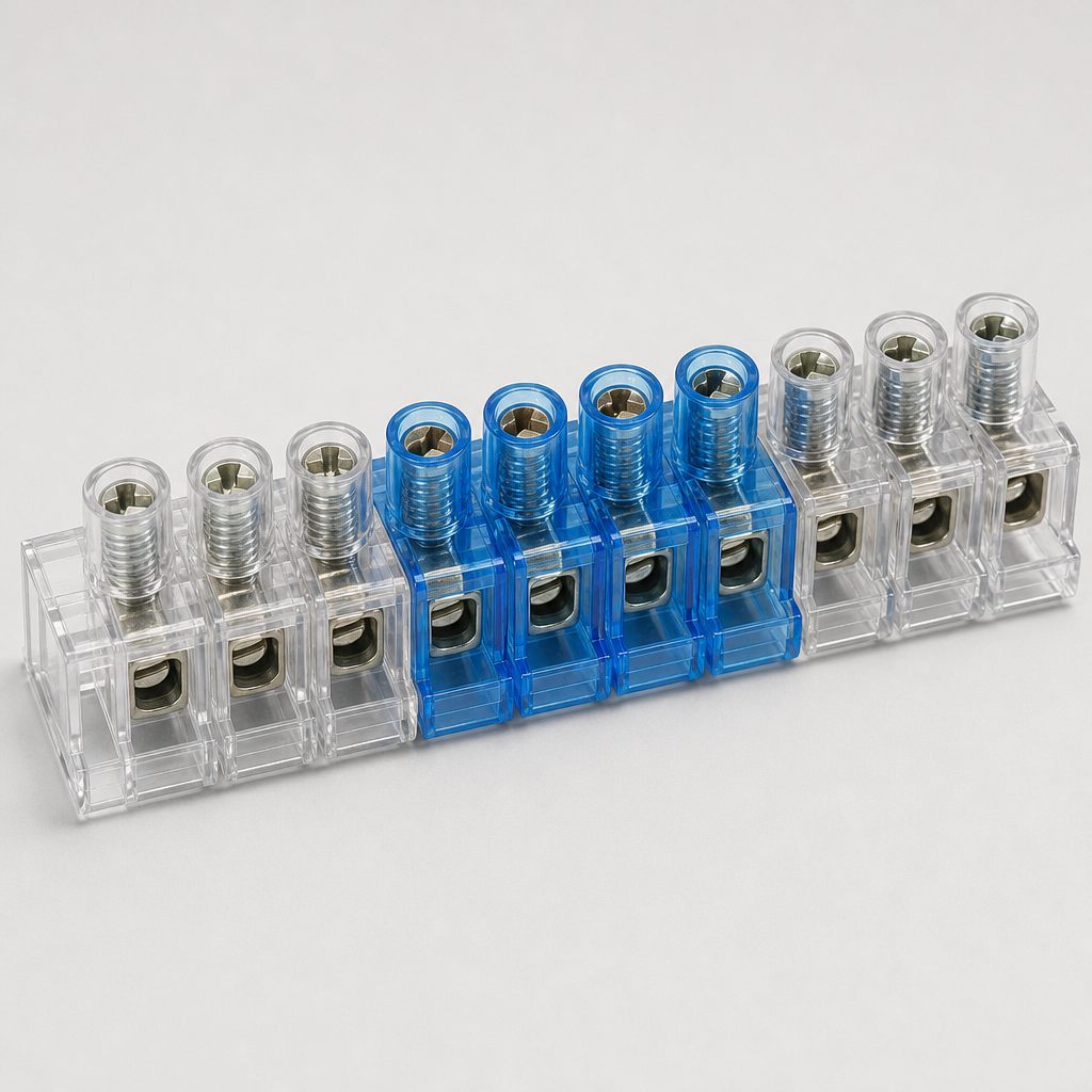 Clear and blue terminal block connectors arranged in a row