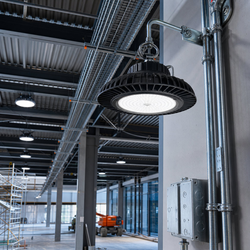 Construction lighting installation with industrial fixtures and wiring