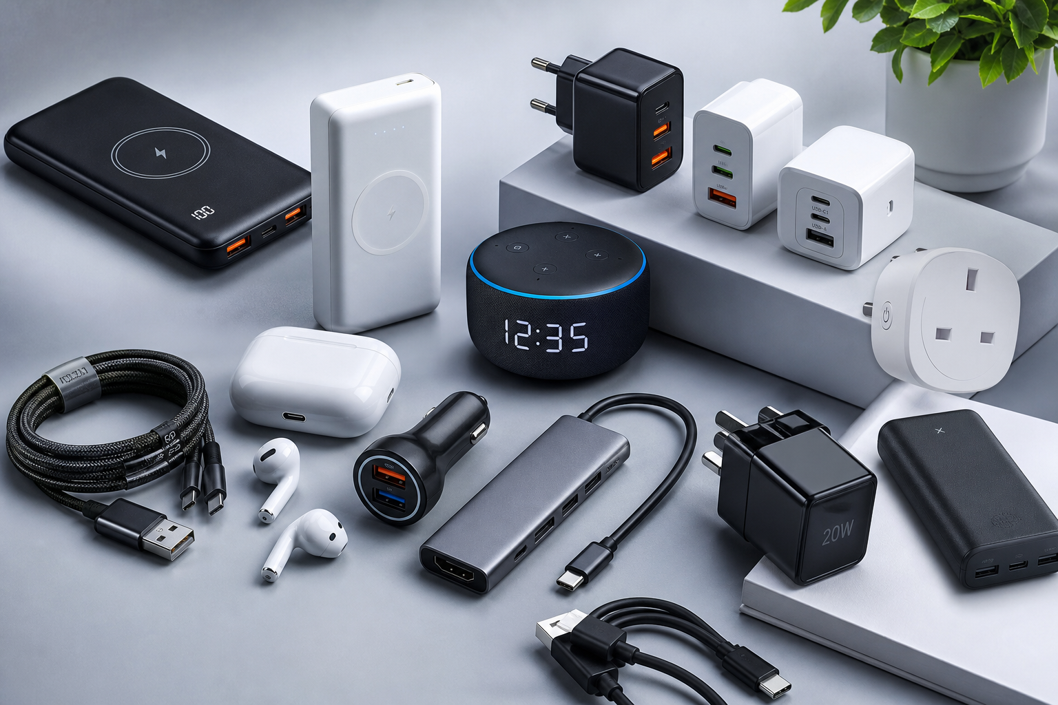 Assorted consumer electronics including power banks, chargers, and smart devices in a professional studio layout