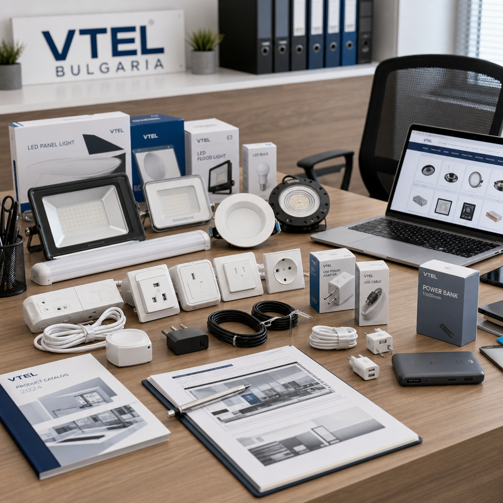 Procurement desk with sample lighting products, adapters, and packaging materials