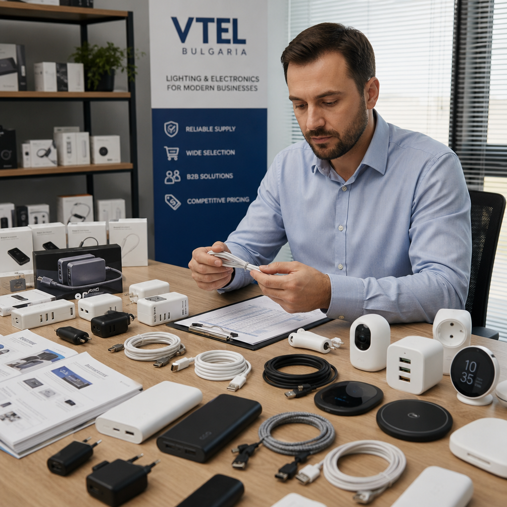 Procurement specialist evaluating product samples of cables, chargers, and smart devices