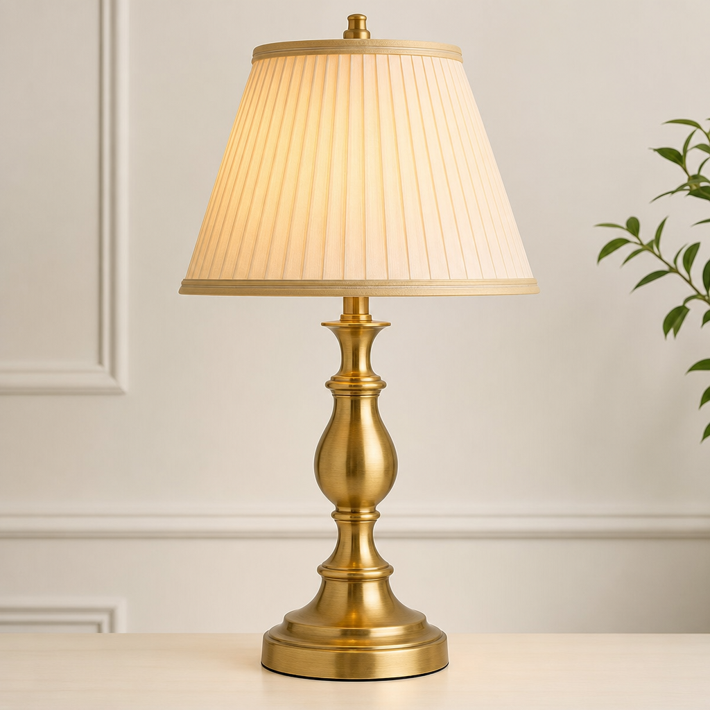 Brass decorative table lamp with fabric shade
