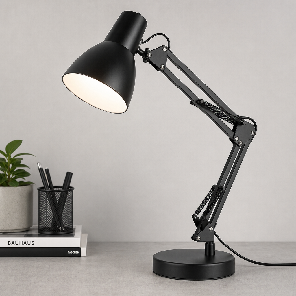 Matte black adjustable desk lamp with metal arm