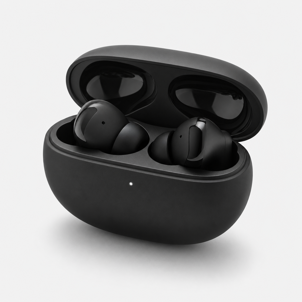 Wireless in-ear earphones in black with charging case