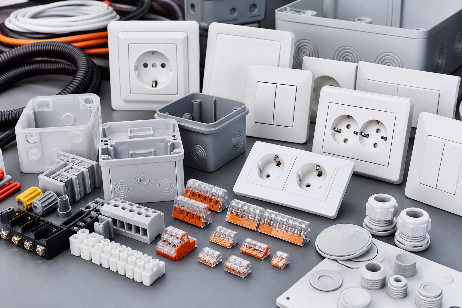 Neatly arranged electrical accessories including switches, sockets, and cable connectors on a clean workbench