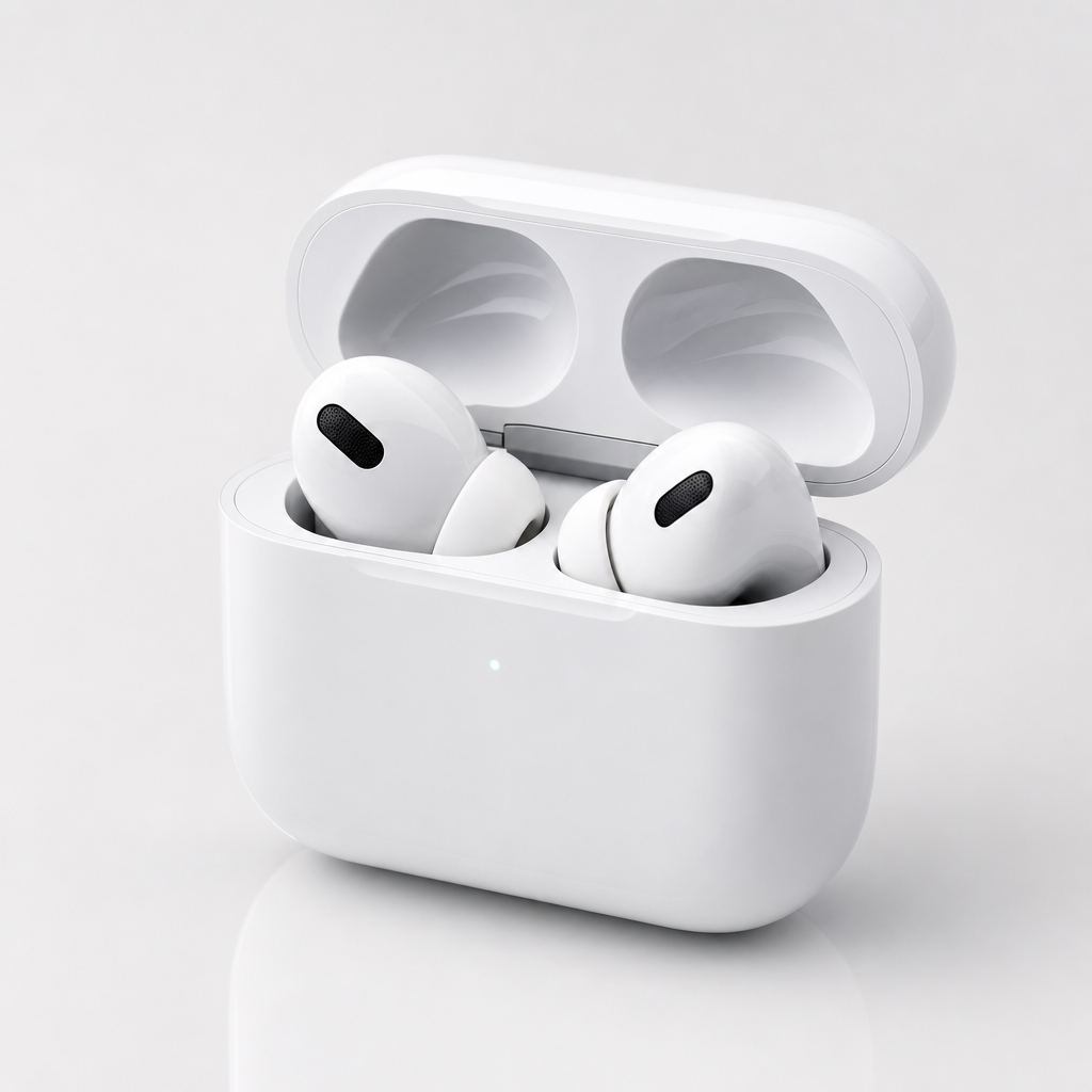 White wireless earbuds in a glossy charging case with open lid