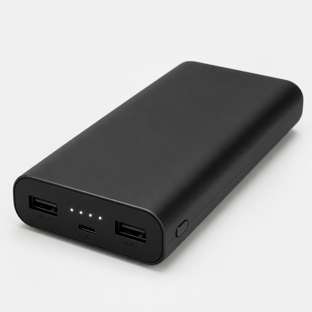 Matte black power bank with dual USB ports and LED indicator lights