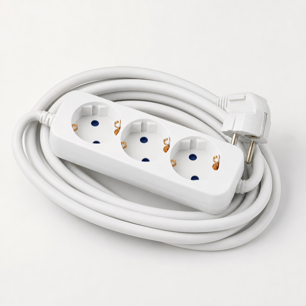 White extension cable with multiple sockets and thick insulated cord