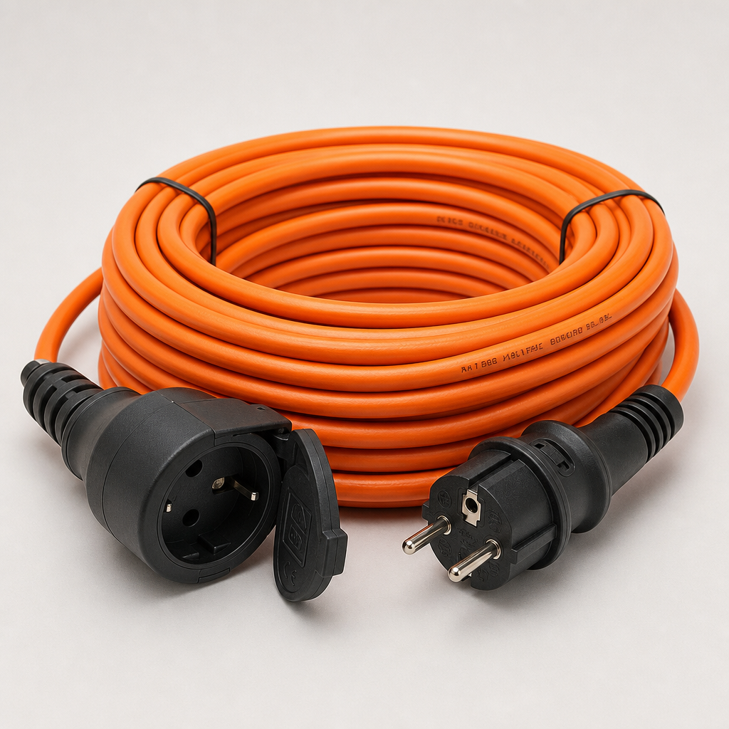 Orange heavy-duty extension cable coiled with industrial plug