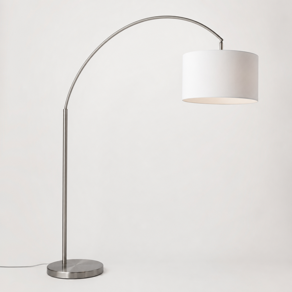 Modern arc floor lamp with brushed steel finish