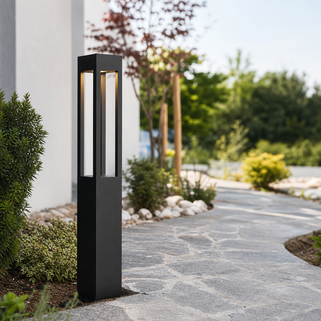 Matte black garden bollard light on outdoor pathway