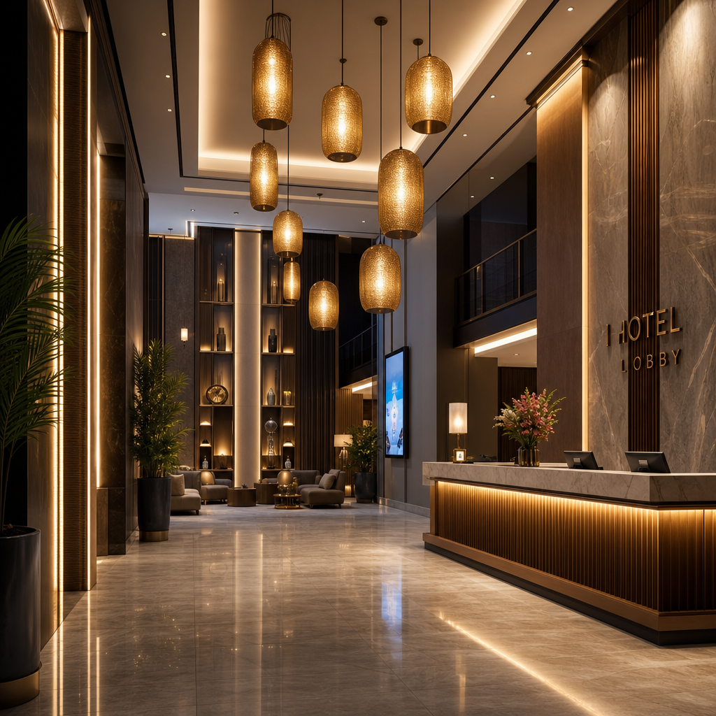 Hotel lobby lighting with warm pendant lamps and decorative LED accents
