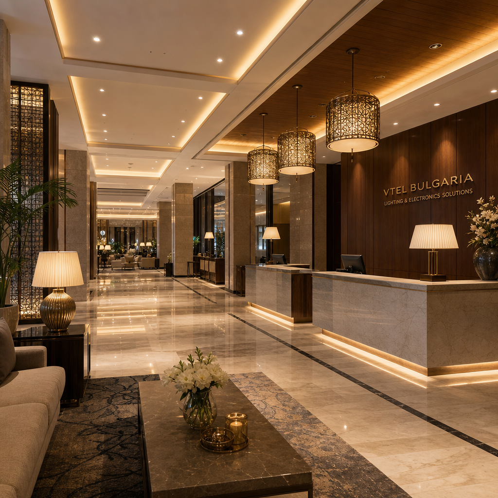 Upscale hotel lobby with warm lighting, decorative lamps, and reception area