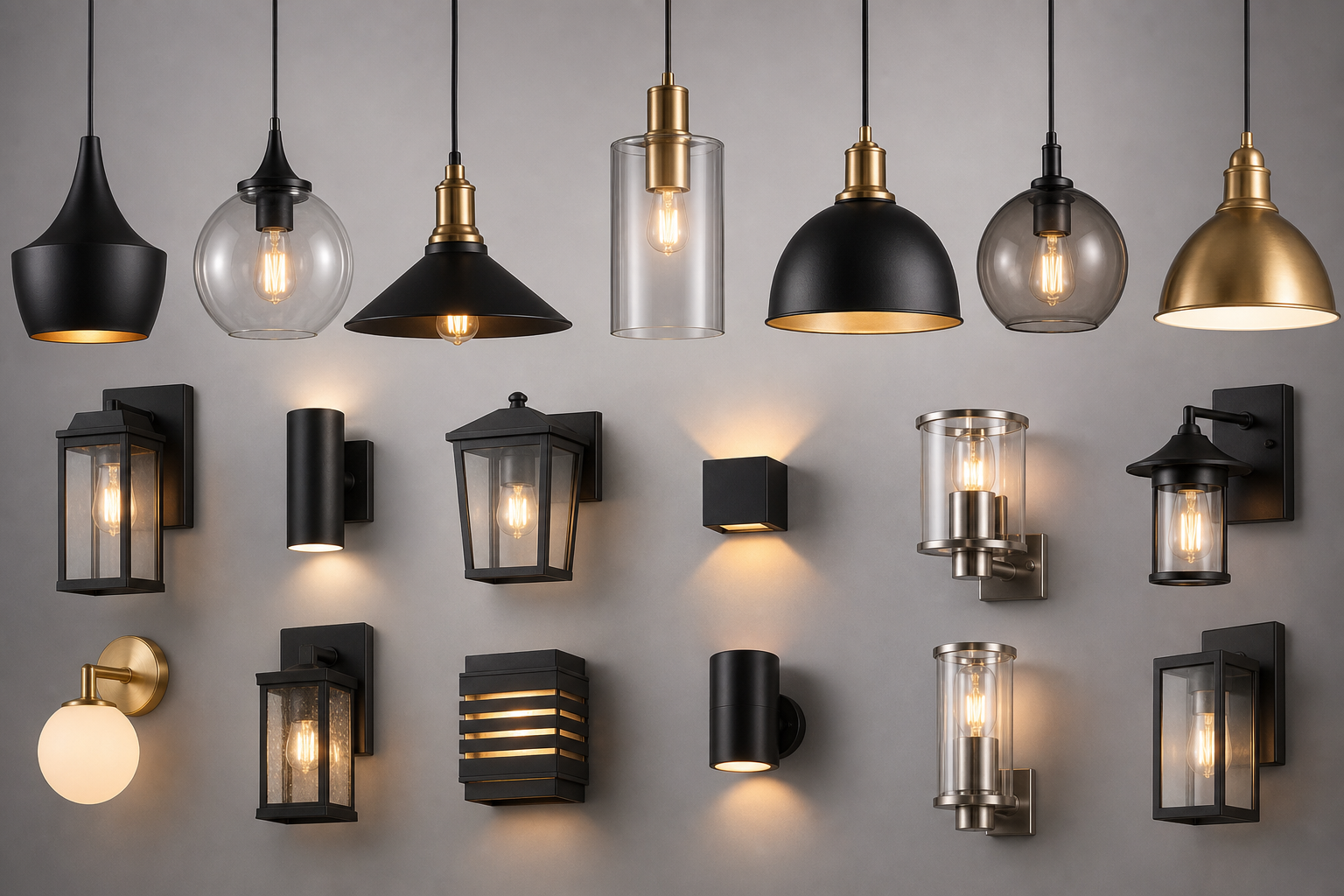 Collection of indoor pendants and outdoor wall lamps arranged on a neutral studio backdrop