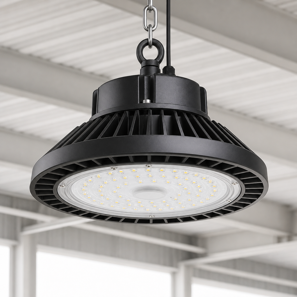 High-bay industrial LED lamp with ribbed heatsink