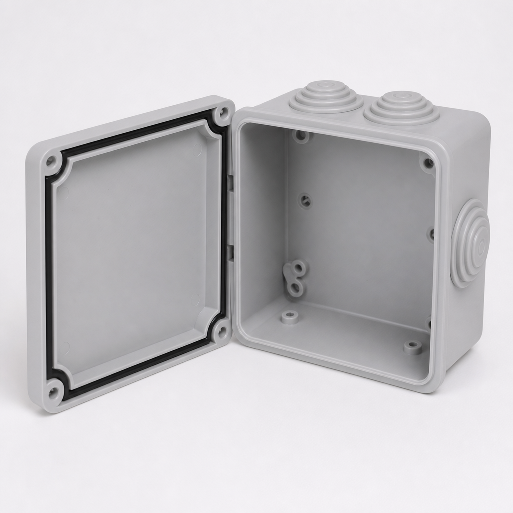 Gray IP-rated junction box with open lid and gasket