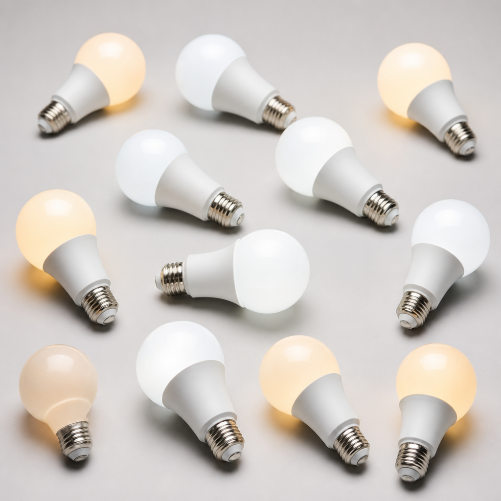 Assorted A60 LED bulbs in warm and cool white tones on a neutral studio surface