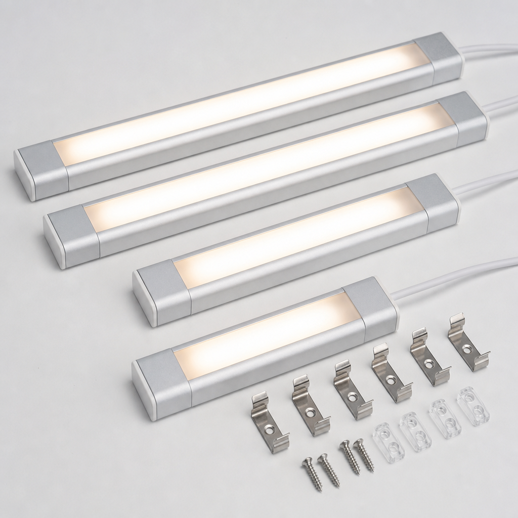 Slim LED cabinet lights with diffusers laid out beside small screws and clips