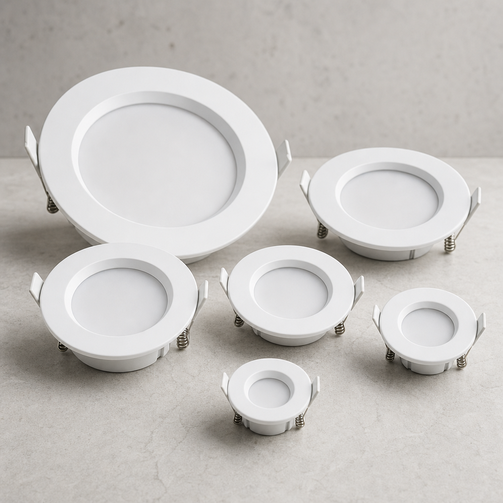 Recessed LED downlights in matte white housings displayed on stone surface