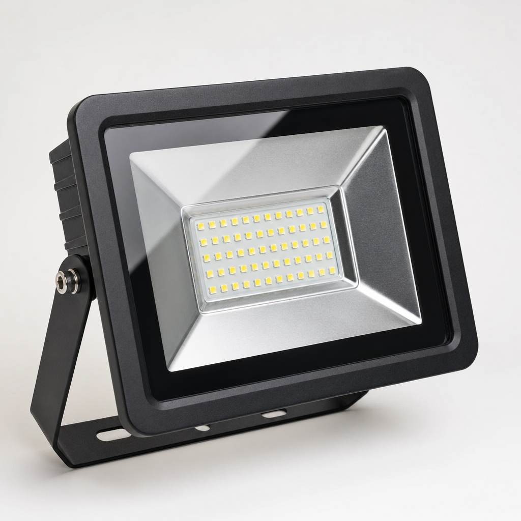 Black rectangular LED floodlight with metal bracket and glass front
