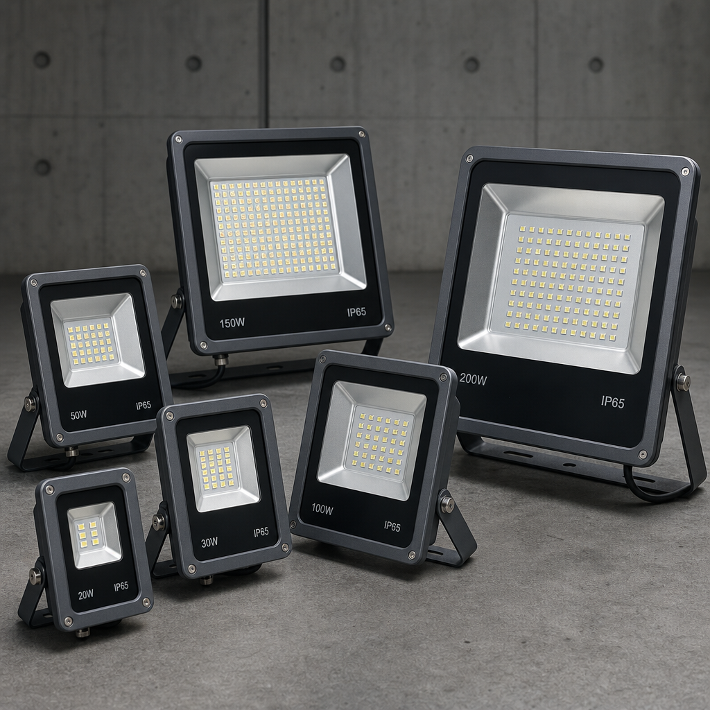Rectangular LED floodlights with sturdy aluminum housings on an industrial floor