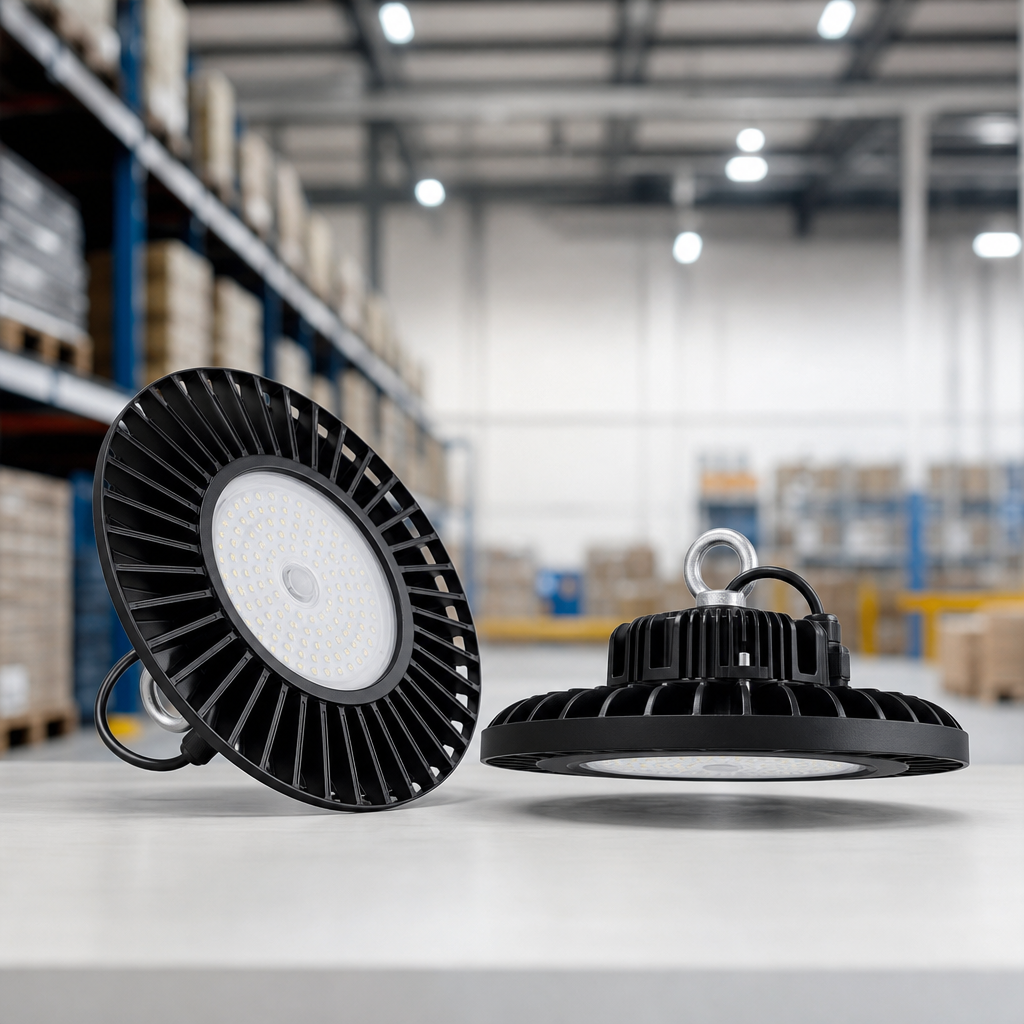 UFO-style LED high bay lights with black fins on a clean warehouse table