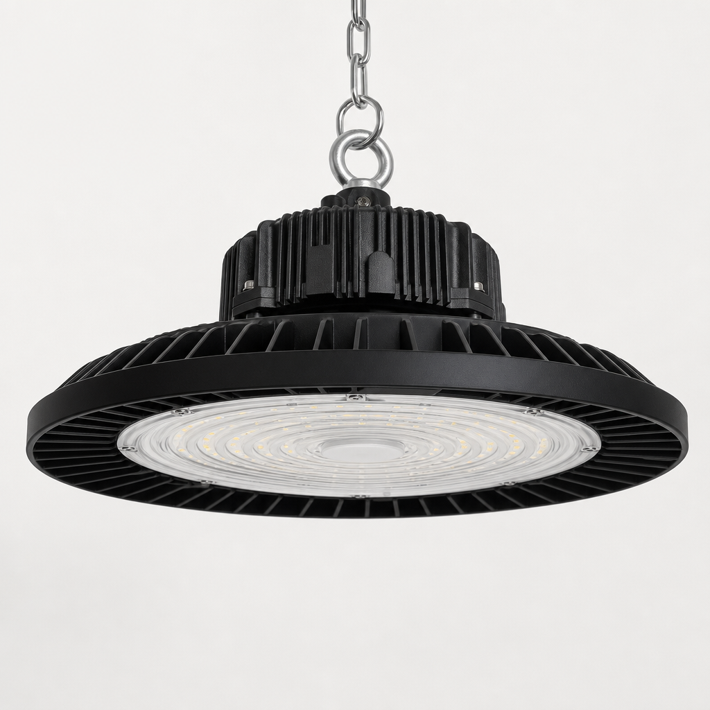 Black industrial LED high-bay fixture with ribbed heat sink and circular lens