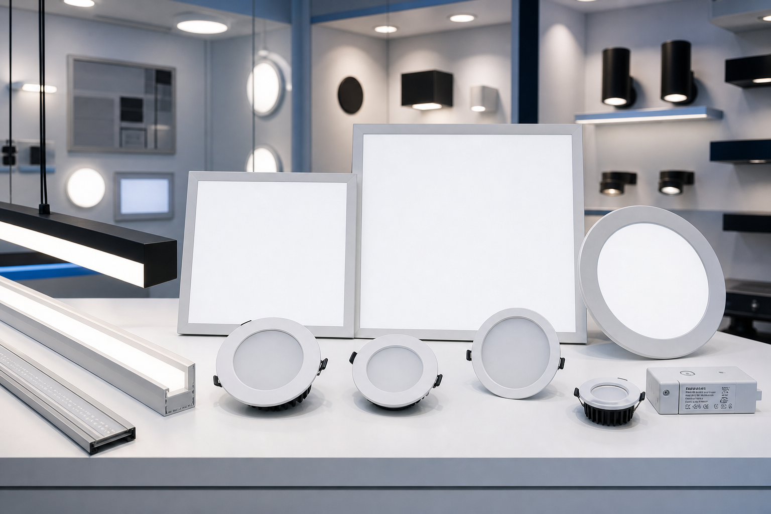 Assortment of modern LED panel lights, downlights, and linear fixtures in a bright showroom setting