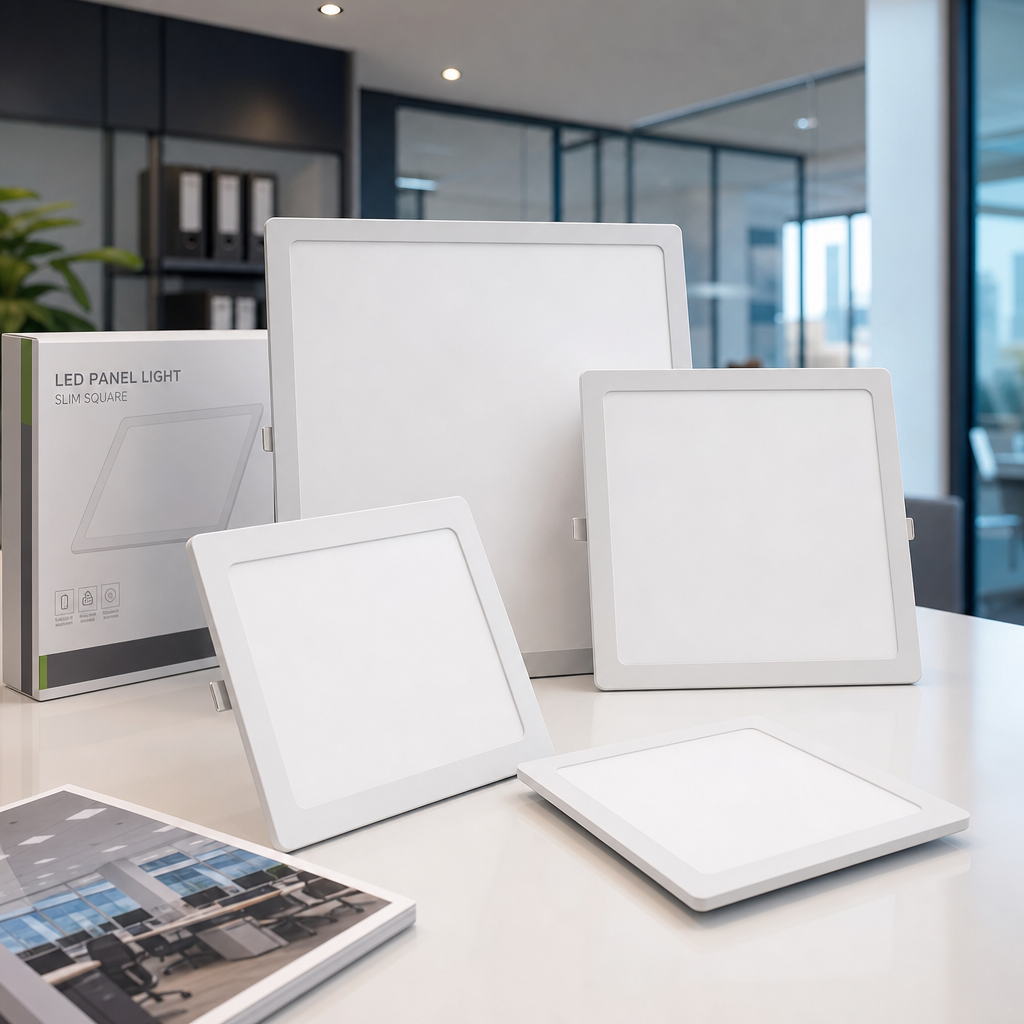 Square LED panel lights arranged on a bright office table with soft reflections