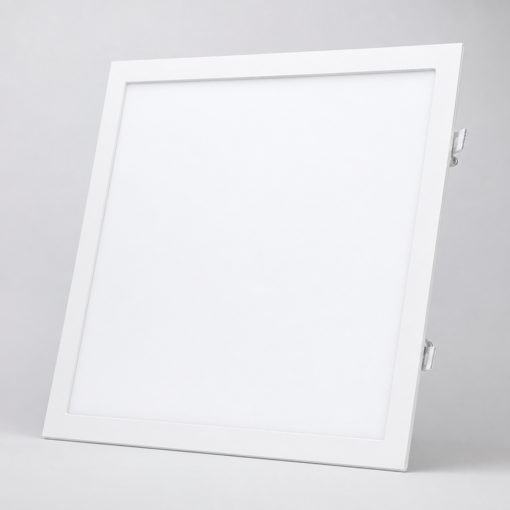 Ultra-slim square LED panel light with white frame and frosted diffuser