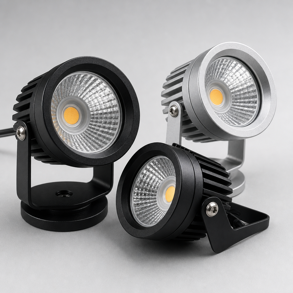 Compact LED spotlights with black and silver finishes on a studio backdrop