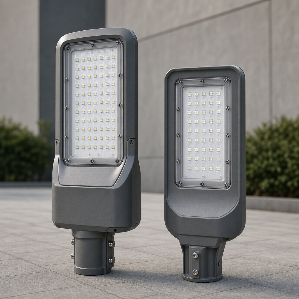 Modern LED street light fixtures in gray aluminum standing upright on pavement