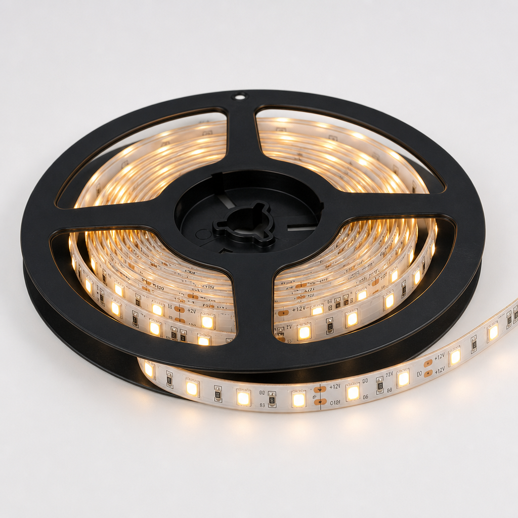Flexible LED strip light on a spool with visible warm white diodes