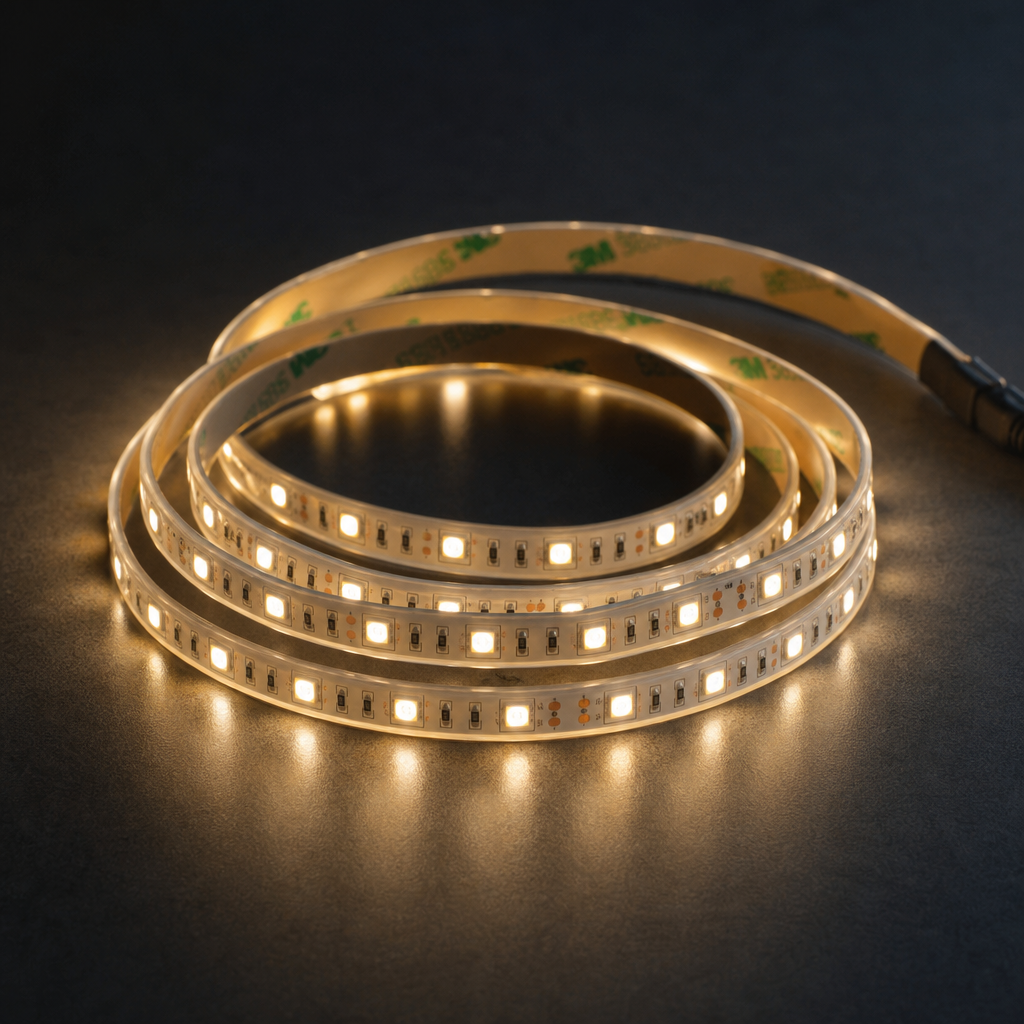 Flexible LED strip lights coiled with visible diodes on a dark tabletop