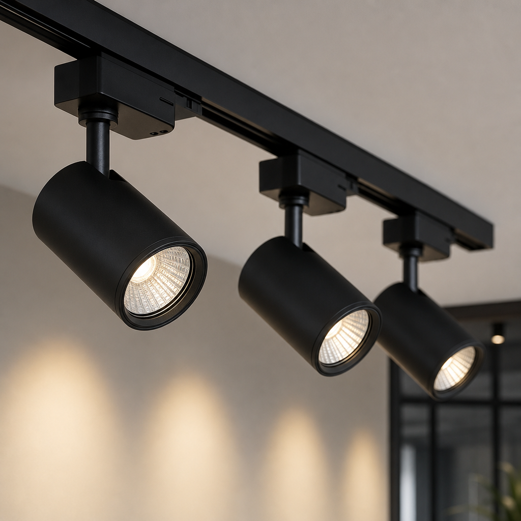 Black LED track lights mounted on a short rail in a showroom environment