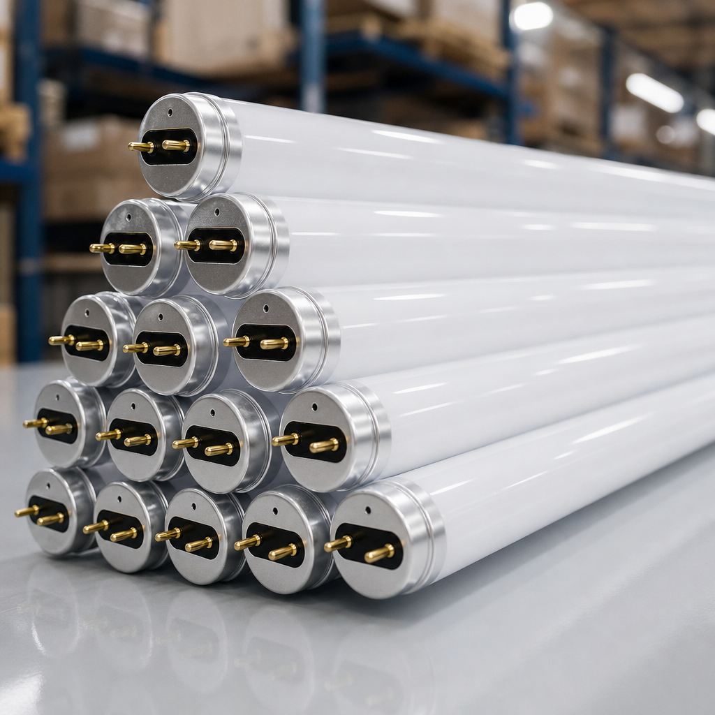 Row of T8 LED tubes stacked diagonally in a clean warehouse setting