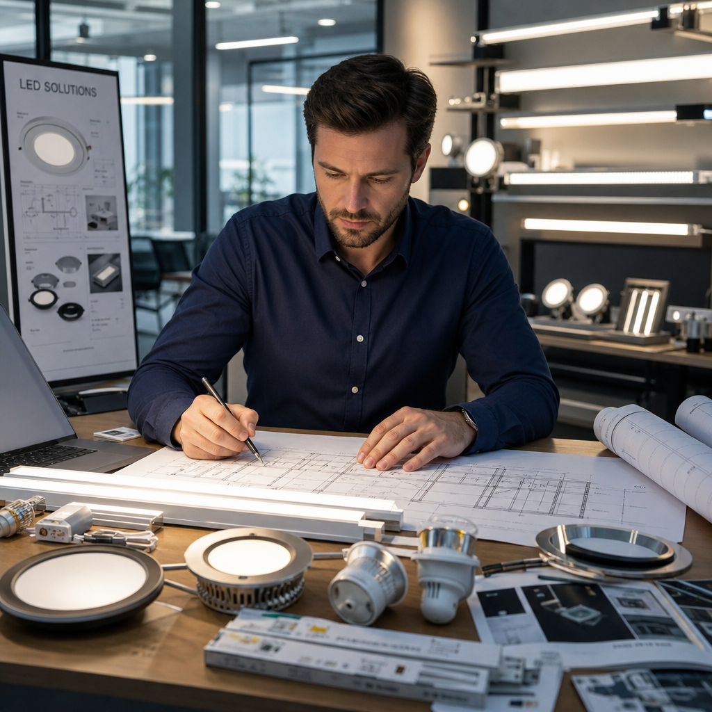 Lighting engineer reviewing architectural plans with LED fixtures and samples on a desk