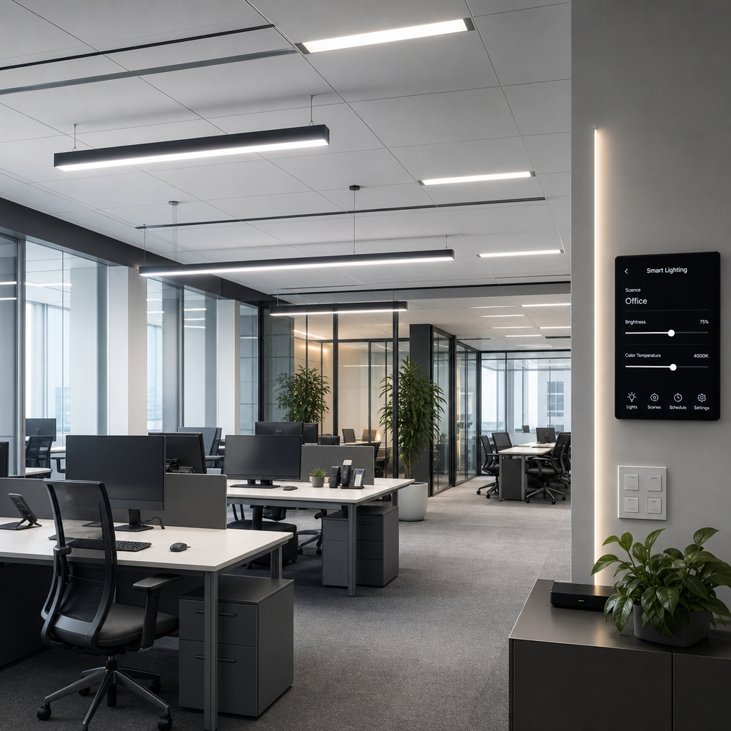 Modern office ceiling with linear LED panels and smart lighting controls