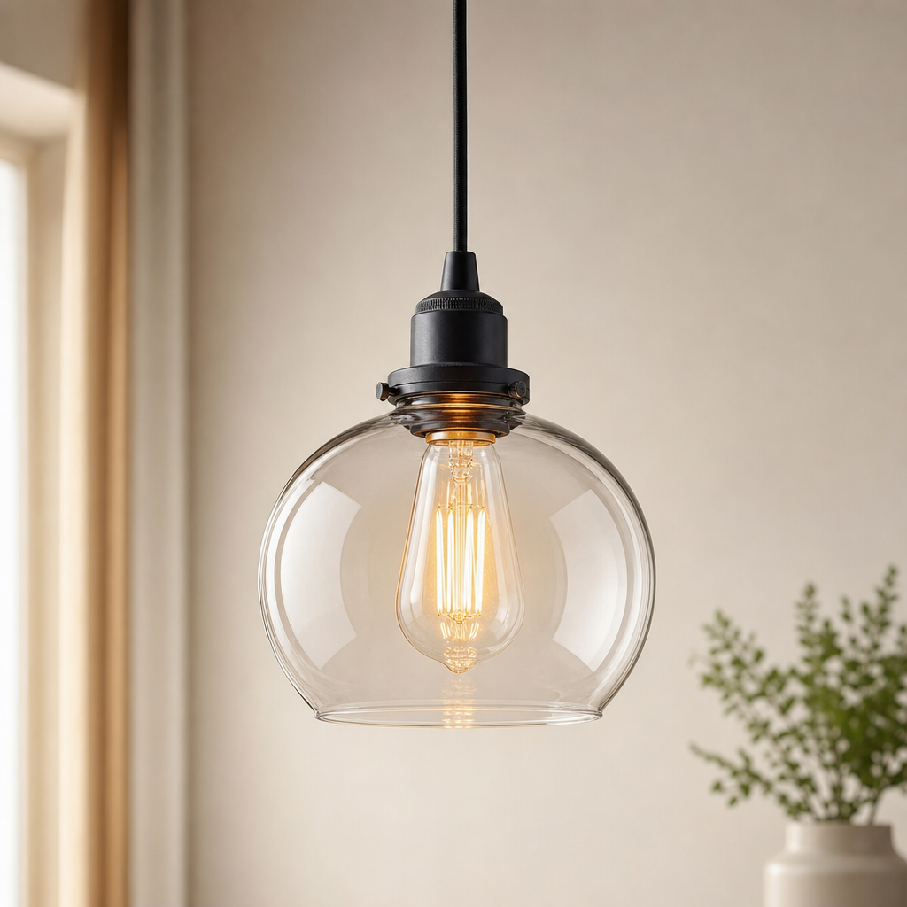 Clear glass pendant light with warm filament bulb