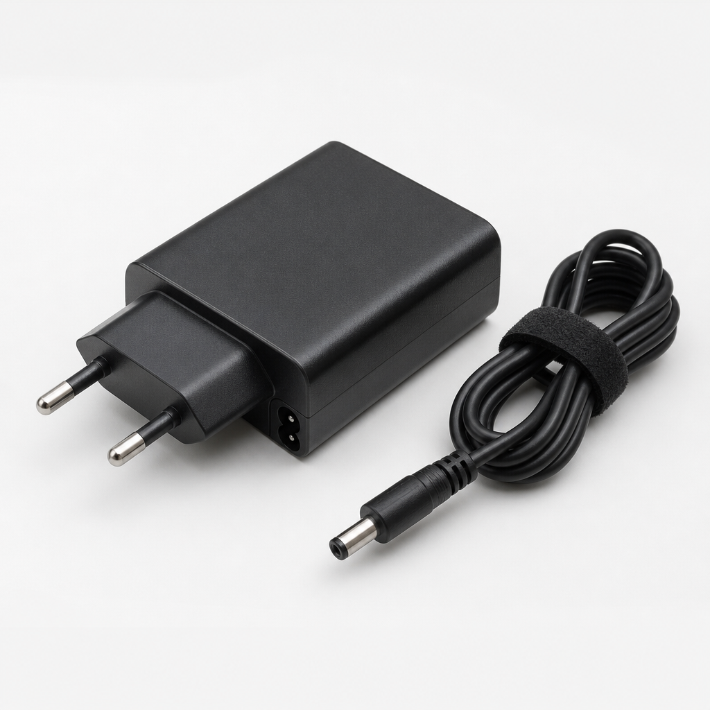 Compact black power adapter with EU plug and detachable cable
