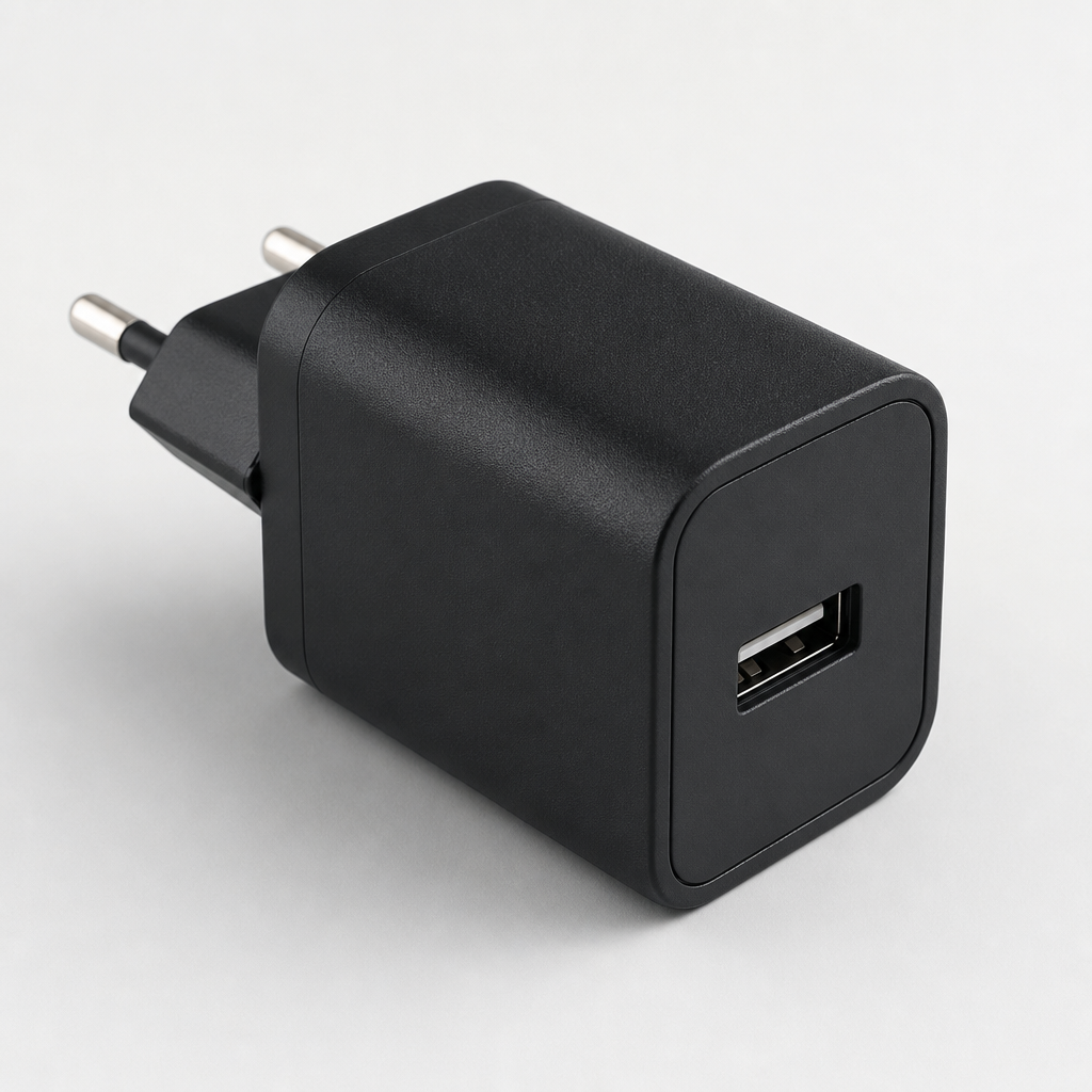 Compact EU power adapter with matte black housing