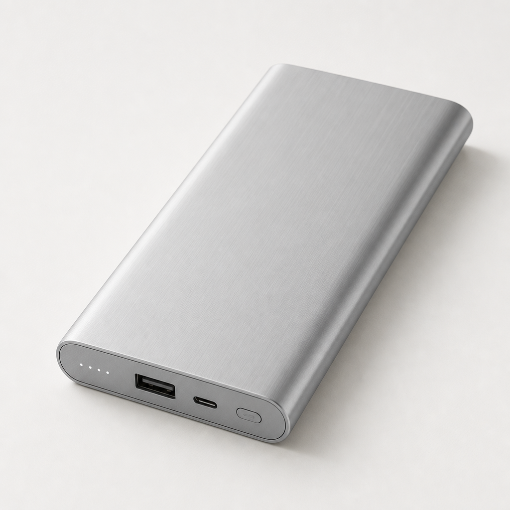 Slim 10000mAh power bank in brushed aluminum silver