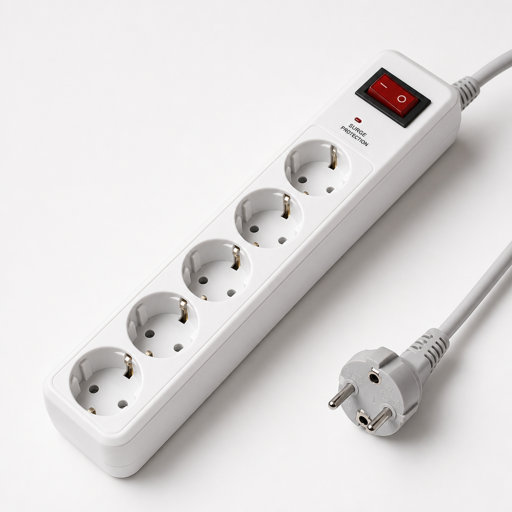White six-outlet power strip with surge protection switch