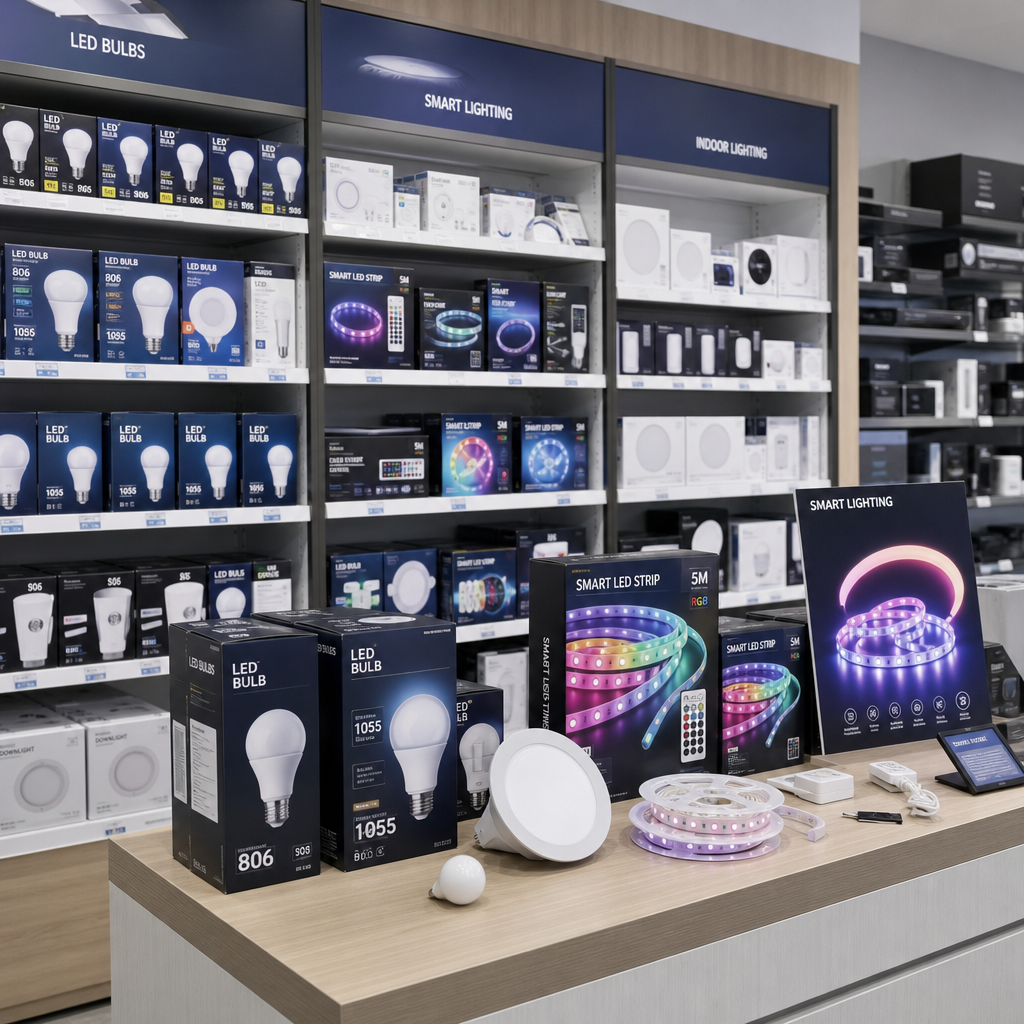 Retail supply shelving with LED bulbs, smart light strips, and packaging for display