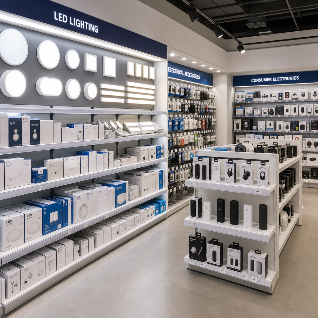 Bright modern retail store aisle with organized LED lighting and electronics displays
