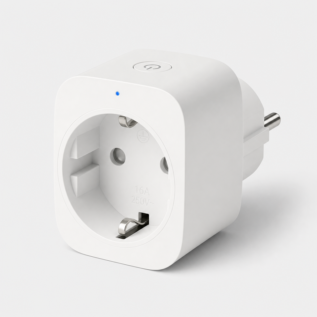 Compact white smart plug with single socket and LED indicator