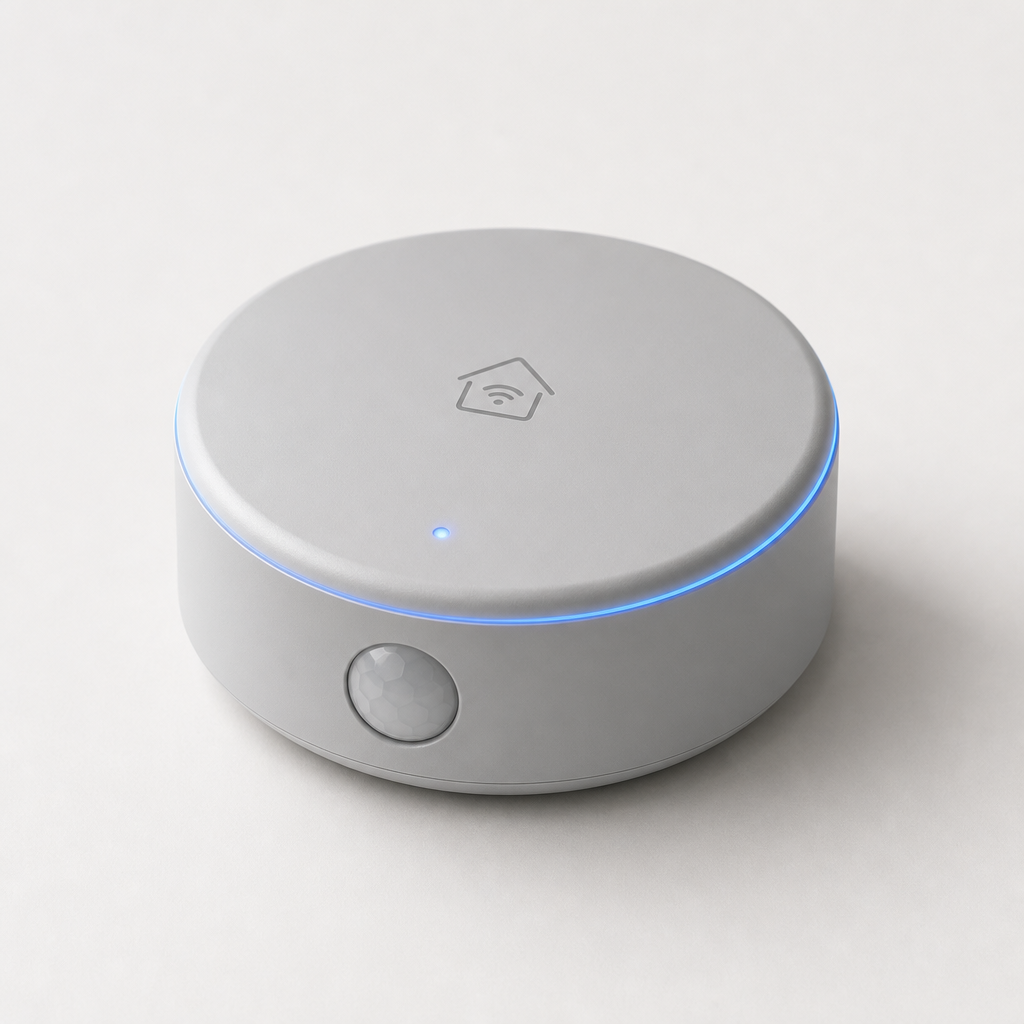 Minimalist smart home sensor puck in soft gray with subtle LED ring